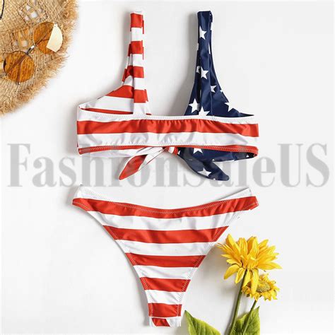 2pcs Womens Sexy American Flag Print Bikini Swimsuit Tie Knot Front