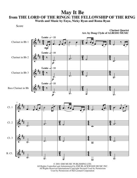 May It Be Sheet Music Enya Woodwind Ensemble