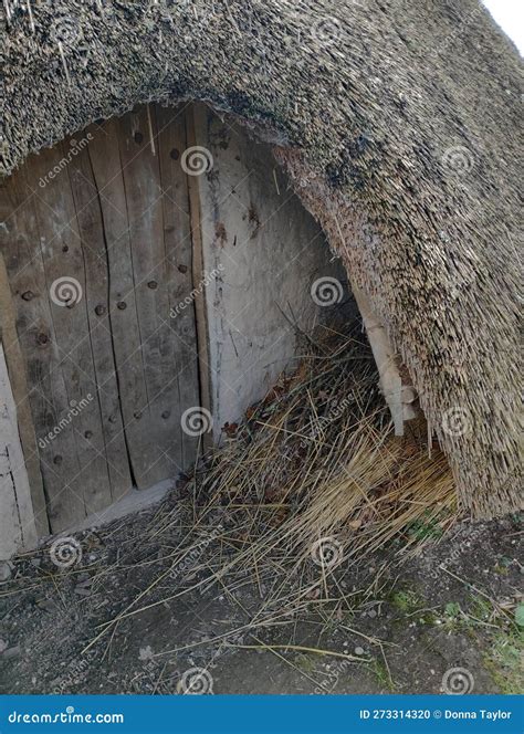 Entrance To A Ancient Roundhouse With Thatched Roof Stock Photo Image