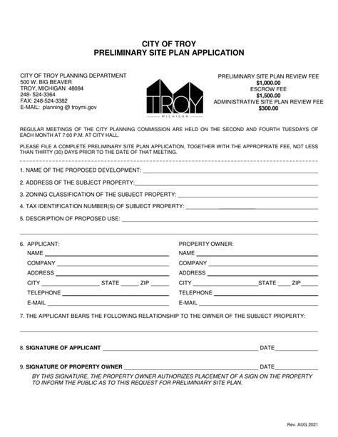 City Of Troy Michigan Preliminary Site Plan Application Fill Out