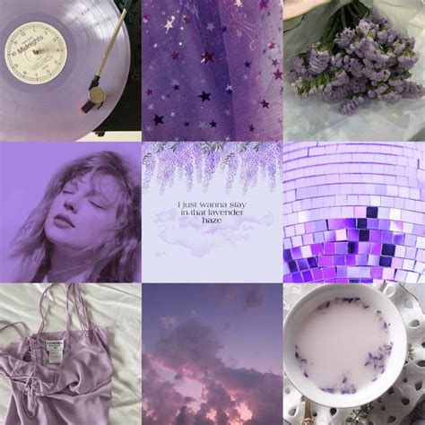 a collage of purple and white images with flowers, clouds, plates, and ...