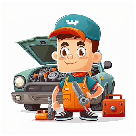 Mecánico que repara el personaje de dibujos animados del coche que