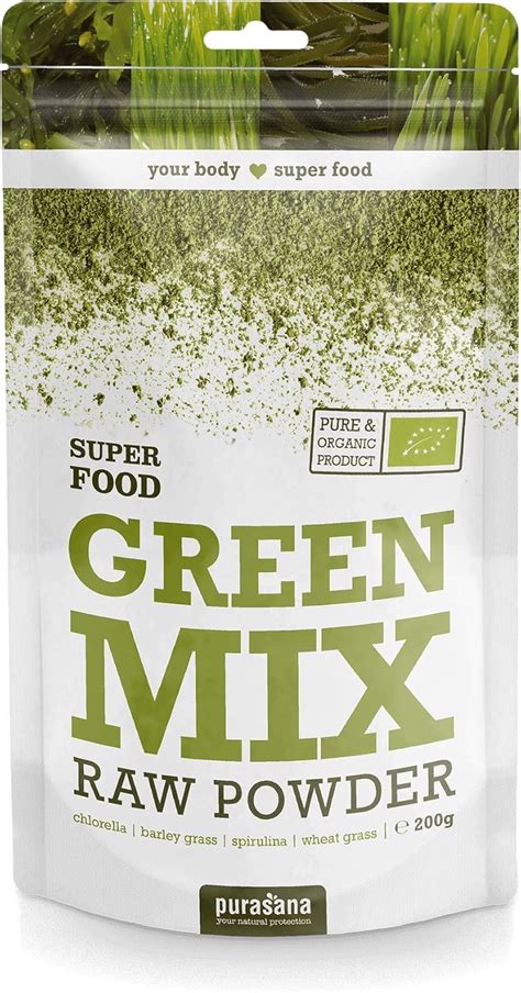 Purasana Green Mix Raw Powder Organic Spirulina Chlorella Wheat Grass