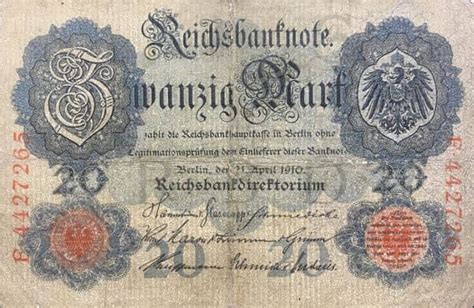 Billete 20 Mark Reichsbanknote 1909 Alemania Imperio Foronum