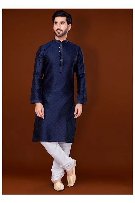 Navy Blue Jacquard Kurta Pyjama Set