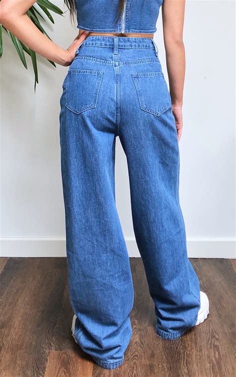 Dark Blue Wash Wide Leg Jeans Denim Prettylittlething Usa