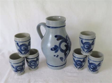 Salt Glazed Pottery Pitcher Tumblers Werner Corzelius Germany Circa