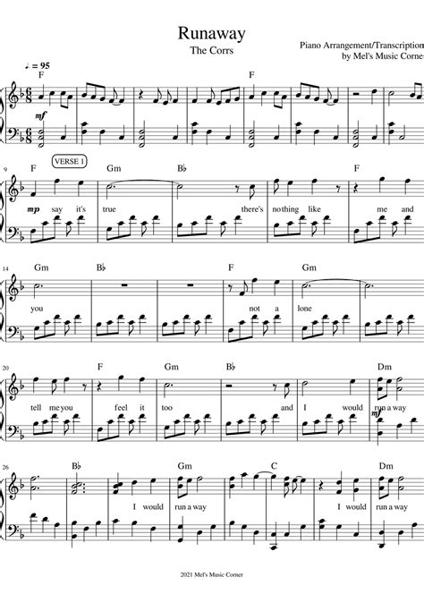 The Corrs Runaway Piano Sheet Music By Mels Music Corner Hoja