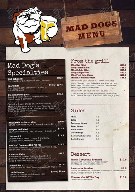 Menu At Mad Dogs And Englishmen Pub And Bar Auckland 820 Link Dr