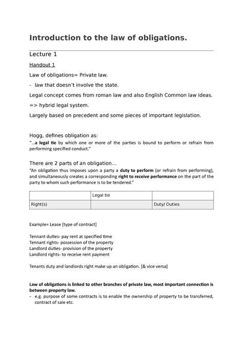 Handout 1 Obligations 1 Introduction To The Law Of Obligations