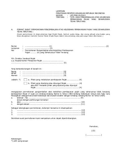 A Format Surat Permohonan Pengembalian Atas Kelebihan Pembayaran Pajak