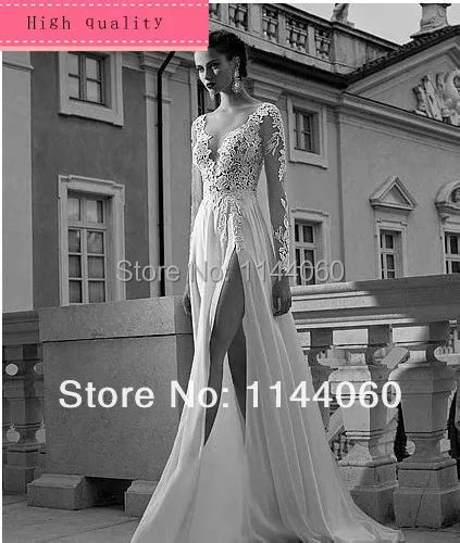 2015 Long Sleeve Backless Evening Dresses Floor Length A Line V Neck Sexy White Chiffon Applique