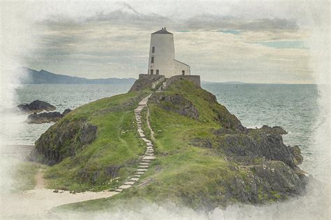 Digital Watercolor Painting Of Llanddwyn Island Lighthouse Twr Mawr