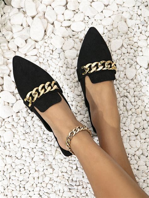 Women Chain Decor Point Toe Flats Fashion Black Mule Flats Shein Usa