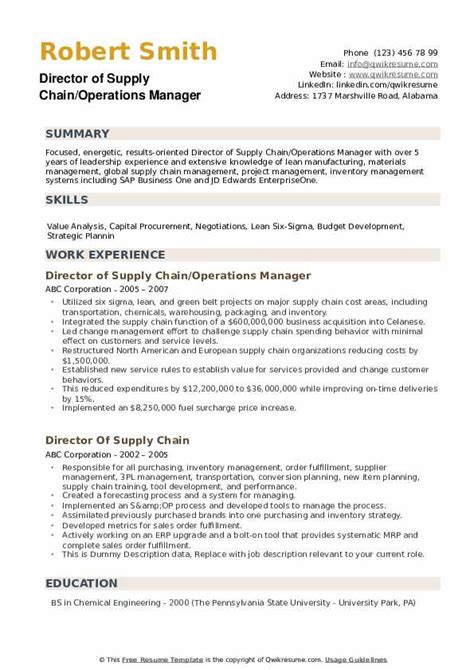 Director Of Supply Chain Resume Samples Qwikresume