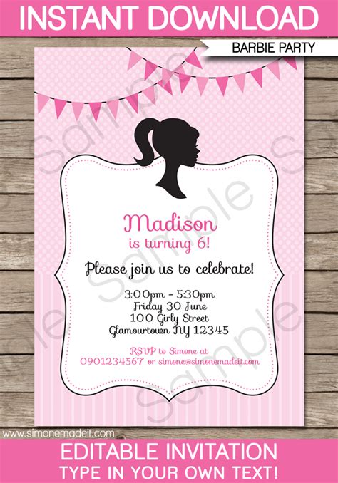 Barbie Party Invitations Template | Birthday Party