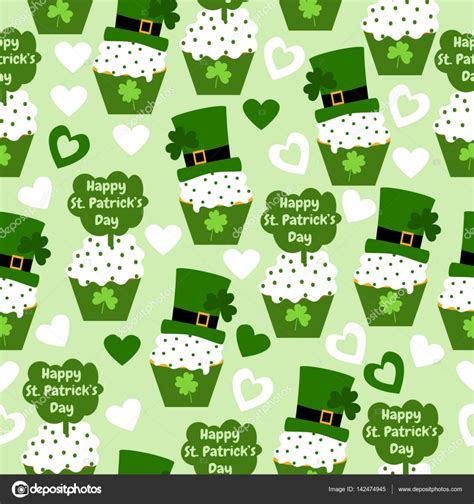 Happy St Patricks Day Holiday Seamless Pattern With Cupcakes Hats