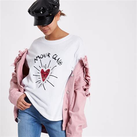 White ‘amour Club Sequin Heart T Shirt Print T Shirts Vests T