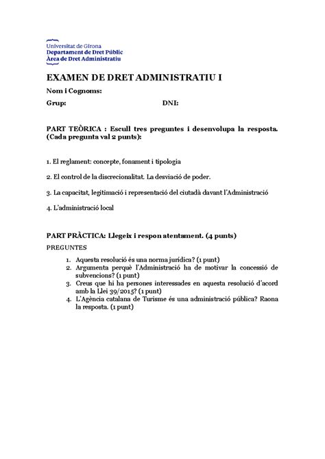 Examen Recuperaci Examen De Dret Administratiu I Nom I Cognoms Grup