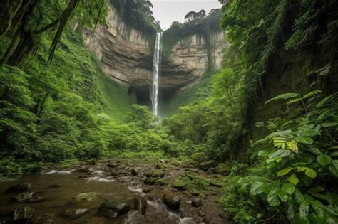 Premium Ai Image Majestic Waterfall Cascading Over Towering Cliffs