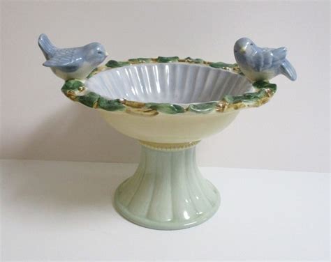 Bluebirds On Birdbath Vintage Ceramic Birdbath With Leaves Berries