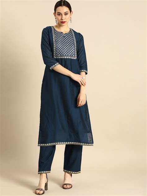 Anouk Women Navy Blue Gotta Patti Embroidered Kurta With Palazzos