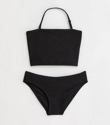 Girls Black Textured Bandeau Bikini Set New Look