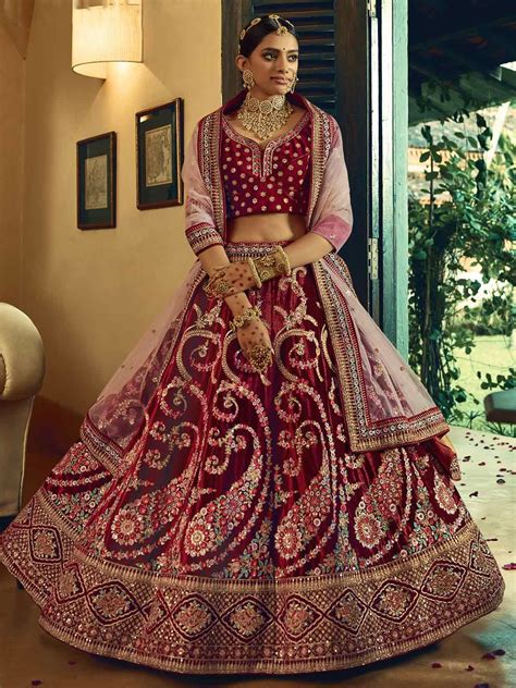 Maroon Colour Wedding Lehenga Choli In Velvet Fabric