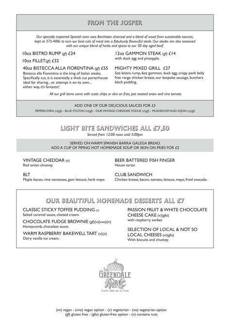 The Greendale Oak | Country Dining and Ale House | Menu