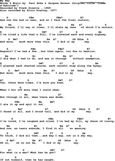 Song lyrics with guitar chords for My Way - Frank Sinatra, 1969