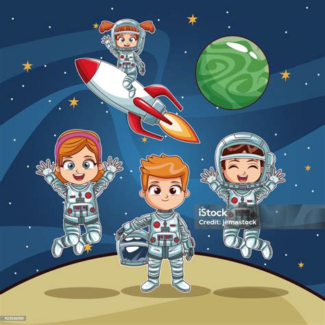 Ilustración De Niños Astronautas En Dibujos Animados Del Espacio Y Más