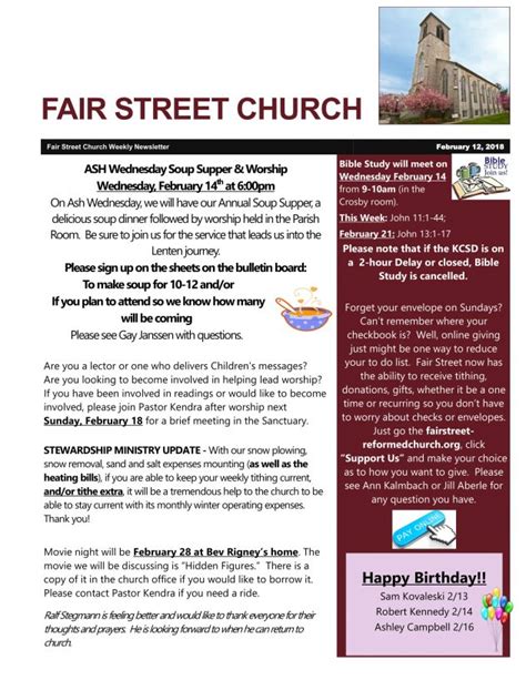 Fair Street Weekly 2 12 18 Fair Street Reformed Church