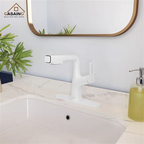 Casainc Matte Wihte Single Hole 1 Handle Pull Down Bathroom Sink Faucet With Deck Plate Odb Lb