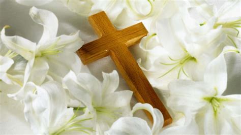 Download Religious Beautiful Cross With Lilly Flowers Wallpaper