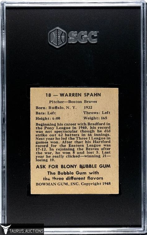 1948 Bowman 18 Milwaukee Braves HOF Warren Spahn Rookie Baseball Card