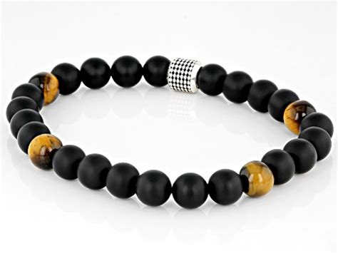 Brown Tigers Eye With Black Onyx Sterling Silver Stretch Beaded