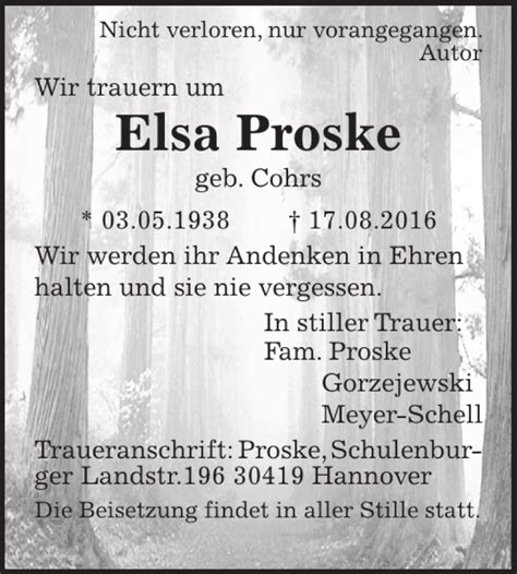 Traueranzeigen Von Elsa Proske Trauer Anzeigen De