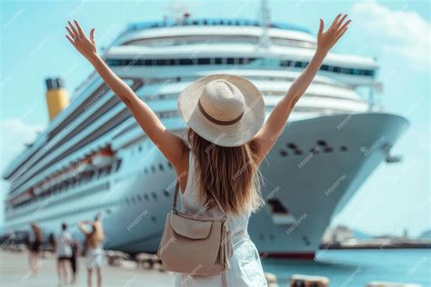 Joyful Woman Traveler Celebrating In Front Of A Large Cruise Ship