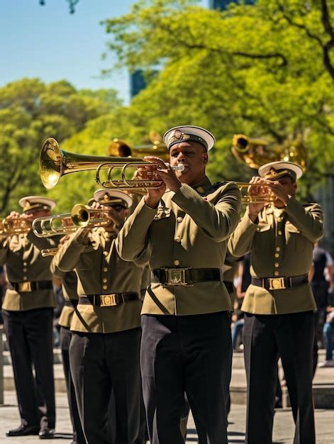 Premium AI Image | A band of soldiers marching in a parade with trees ...