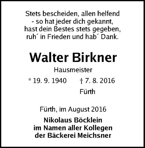 Traueranzeigen Von Walter Birkner Trauer Nn De