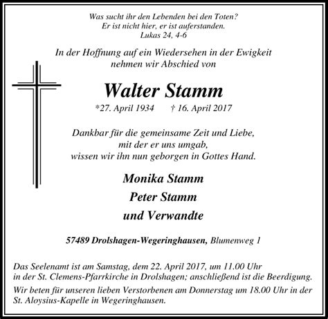 Traueranzeigen Von Walter Stamm Trauer In Nrw De