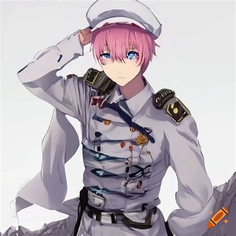 Anime Guy With Blue Eyes And Light Pink Hair Wearing A White Military