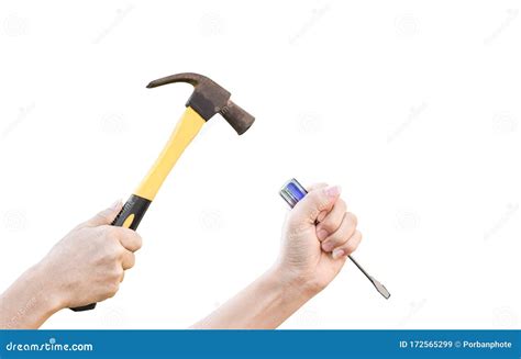 Male Hands Working With Old Rusty Hammer And Flat Screwdriver Isolated