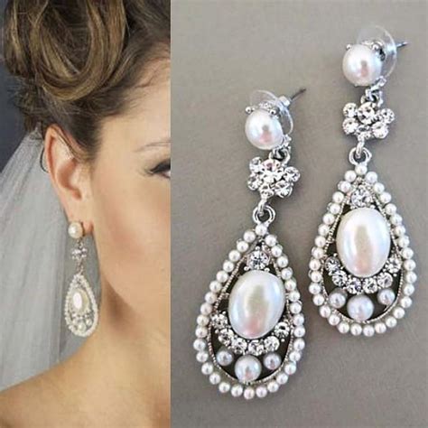 Bridal Drop Earrings Bridal Earrings With Pearl Wedding Crystal Earrings Pearl Earrings