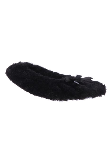 Womens Black Faux Fur Ballet Slippers Peacocks