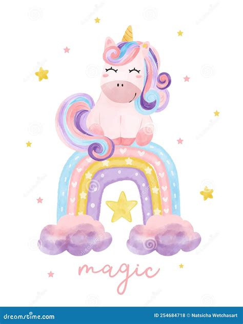 Cute Watercolor Magical Purple Unicorn Sitting On Pastel Colourful