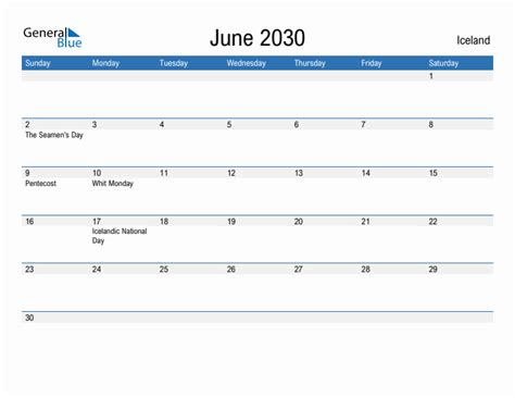 Editable June 2030 Calendar With Iceland Holidays