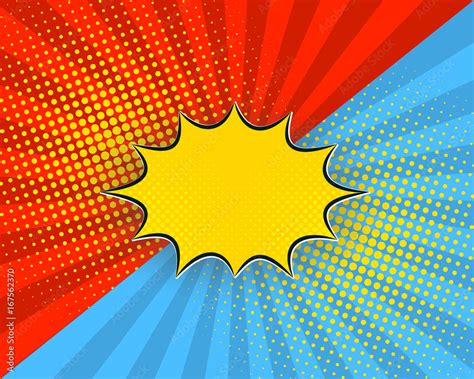 Pop Art Cartoon Background Vector Illustration Red Blue Rays Yellow Dots Explosion Bubble