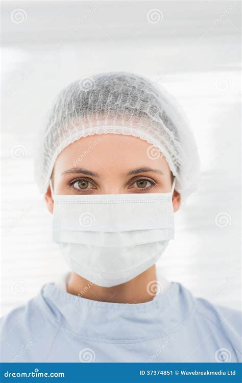 Female Surgeon Wearing Surgical Cap And Mask Stock Image Image Of