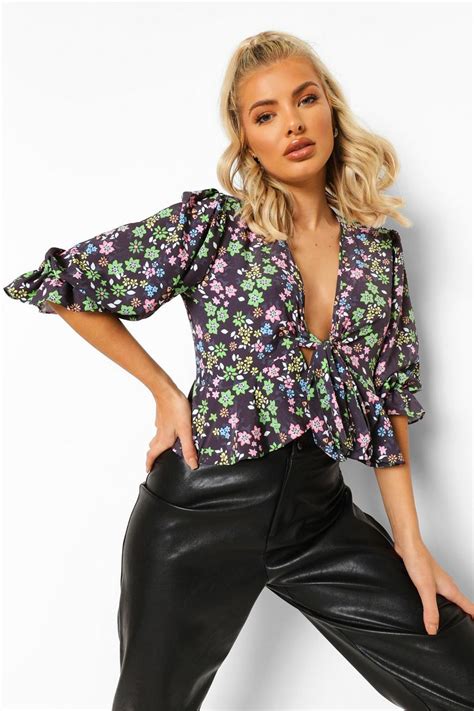 Womens Floral Print Tie Front Blouse Boohoo Uk